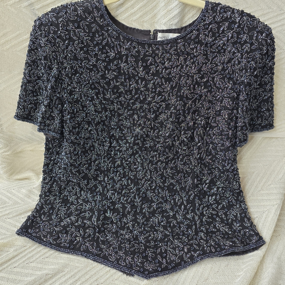 Papell Boutique Evening Beaded Top – Size L – Black & Silver